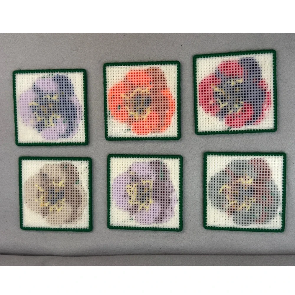 Cottagecore Floral Pansy Coaster Set Multicolor Yarn Needlepoint Handmade